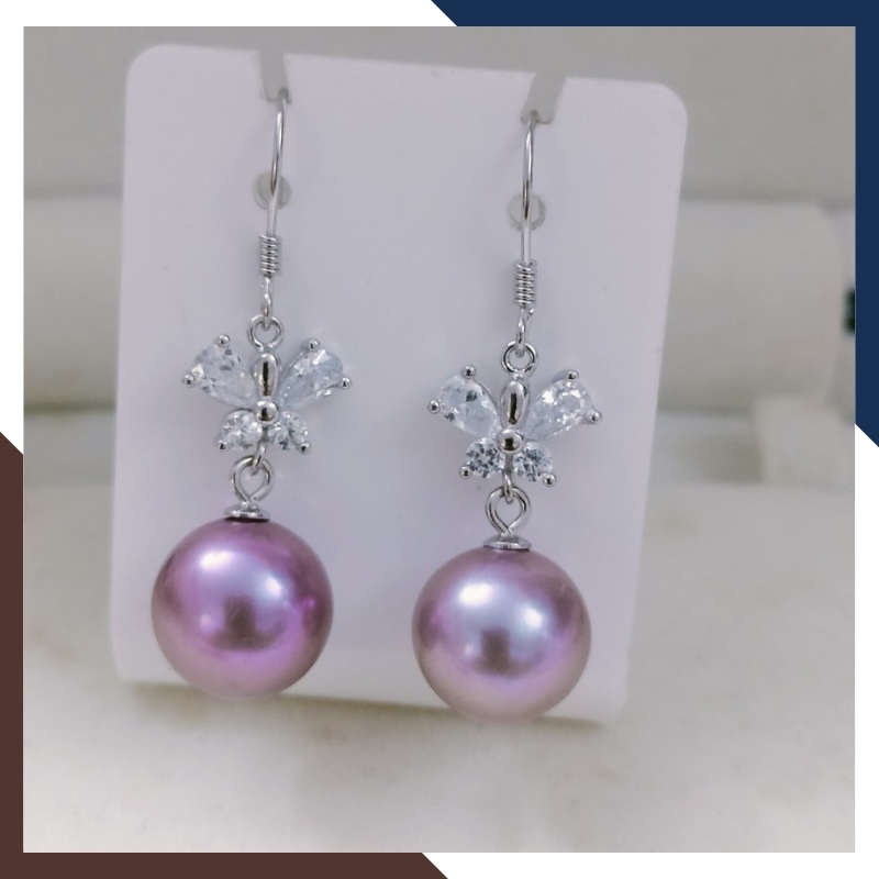 Bông Tai Ngọc Trai Thật Màu Tím Dáng Dài Móc Câu Hình Bướm Đẹp BTNT117