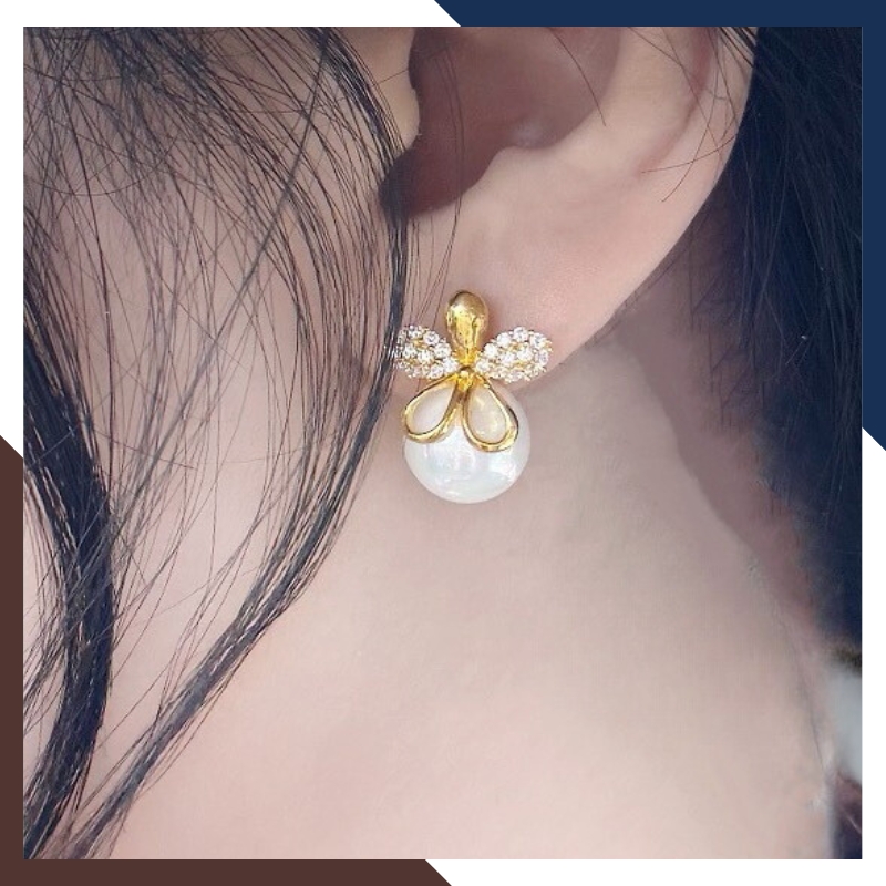 Bông tai ngọc trai vàng tây 10k hình bông hoa mai 5 cánh trẻ trung mới đẹp cho nữ mã TL63T1112