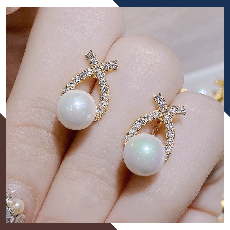 Bông tai ngọc trai vàng tây 10k hình nơ trẻ trung cho nữ, mẫu chốt bấm bật mã 50TT78