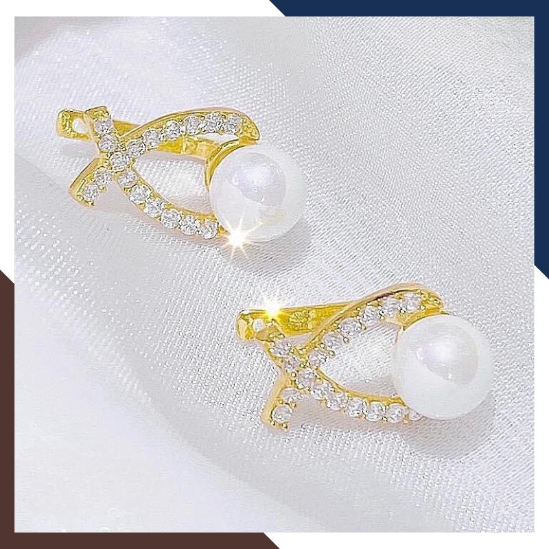 Bông tai ngọc trai vàng tây 10k hình nơ trẻ trung cho nữ, mẫu chốt bấm bật mã 50TT78