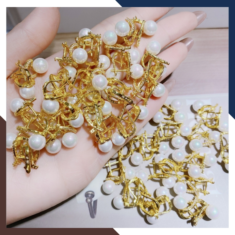 Bông tai ngọc trai vàng tây 10k hình nơ trẻ trung cho nữ, mẫu chốt bấm bật mã 50TT78