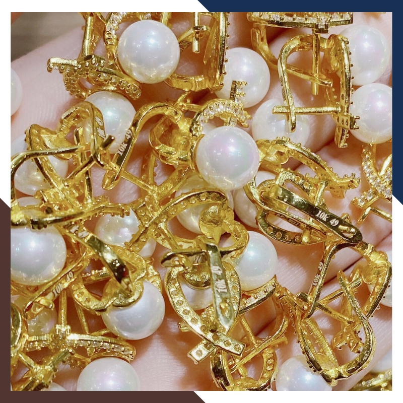 Bông tai ngọc trai vàng tây 10k hình nơ trẻ trung cho nữ, mẫu chốt bấm bật mã 50TT78