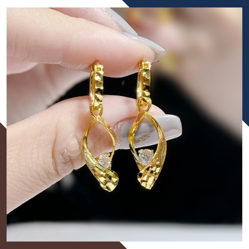 Bông tai vàng nữ tròn tòng teng đính hột đá trẻ trung TL59 | vàng tây 10k