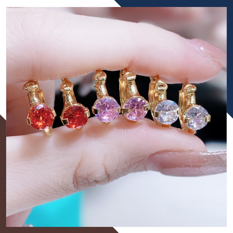 Bông tai tròn vàng tây 10k đeo sát tai đính đá màu đỏ, tím, trắng trẻ trung mới đẹp cho nữ mã TL22