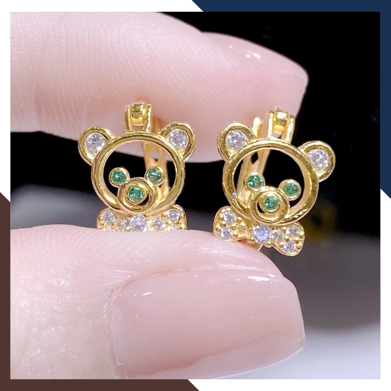 Bông tai vàng cho bé gái hình con gấu đính đá xanh đỏ đen mã TL54 | vàng tây 10k