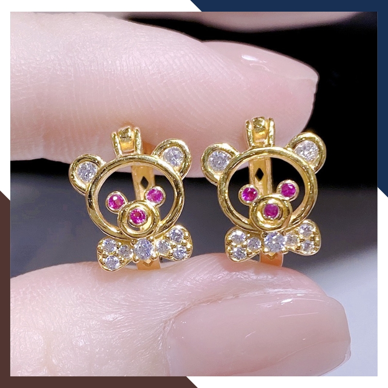 Bông tai vàng cho bé gái hình con gấu đính đá xanh đỏ đen mã TL54 | vàng tây 10k