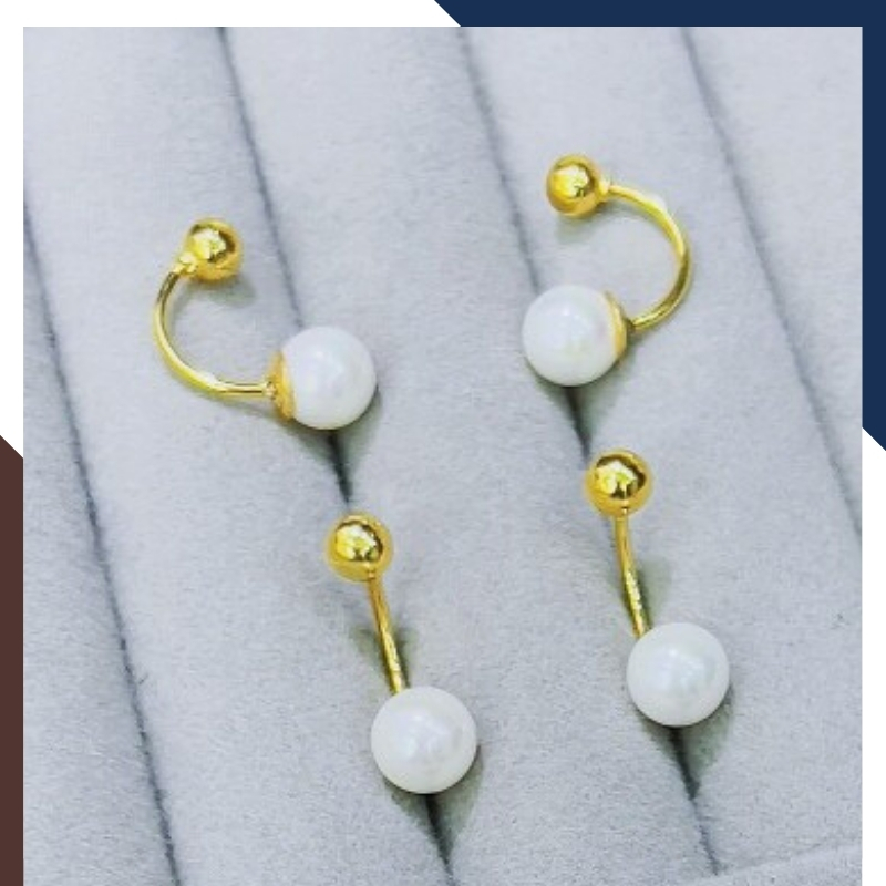 Bông tai vàng tây 10k đính ngọc trai thật dáng cong trẻ trung cho nữ mã 1p8TT89