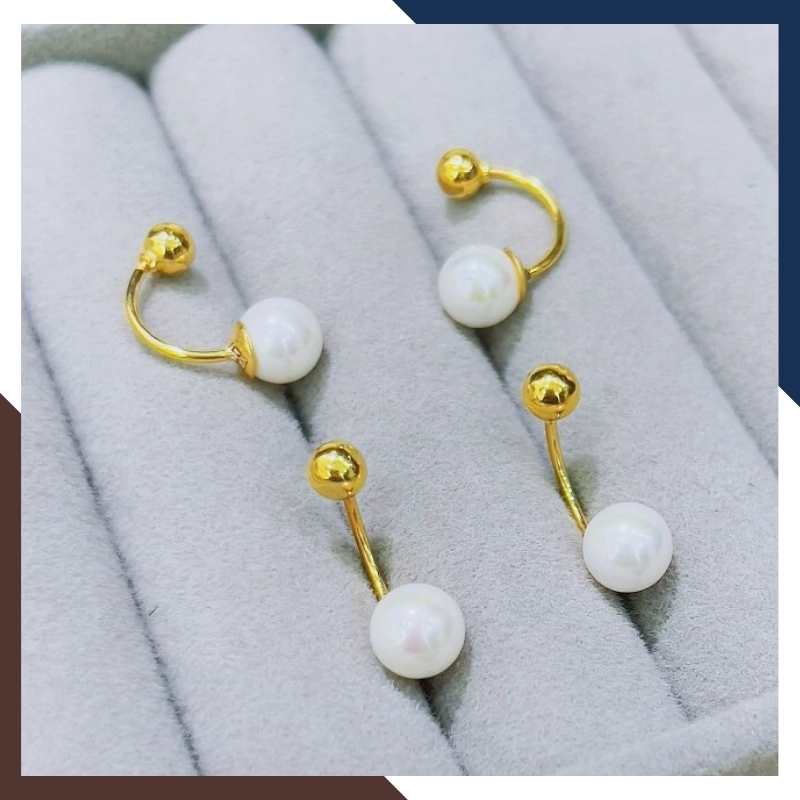 Bông tai vàng tây 10k đính ngọc trai thật dáng cong trẻ trung cho nữ mã 1p8TT89