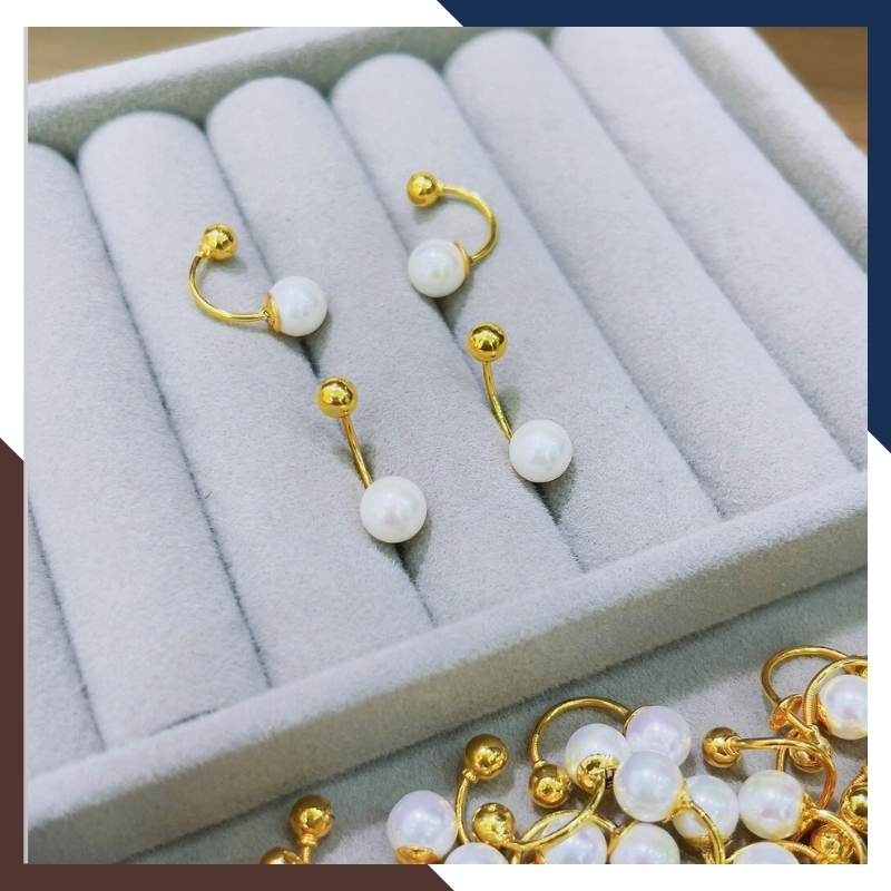 Bông tai vàng tây 10k đính ngọc trai thật dáng cong trẻ trung cho nữ mã 1p8TT89