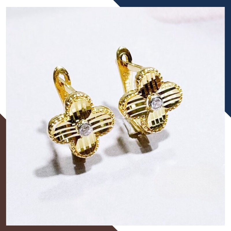 Bông tai vàng tây 10k hình cỏ 4 lá trẻ trung mới đẹp cho nữ, mẫu chốt bấm bật mã TL49