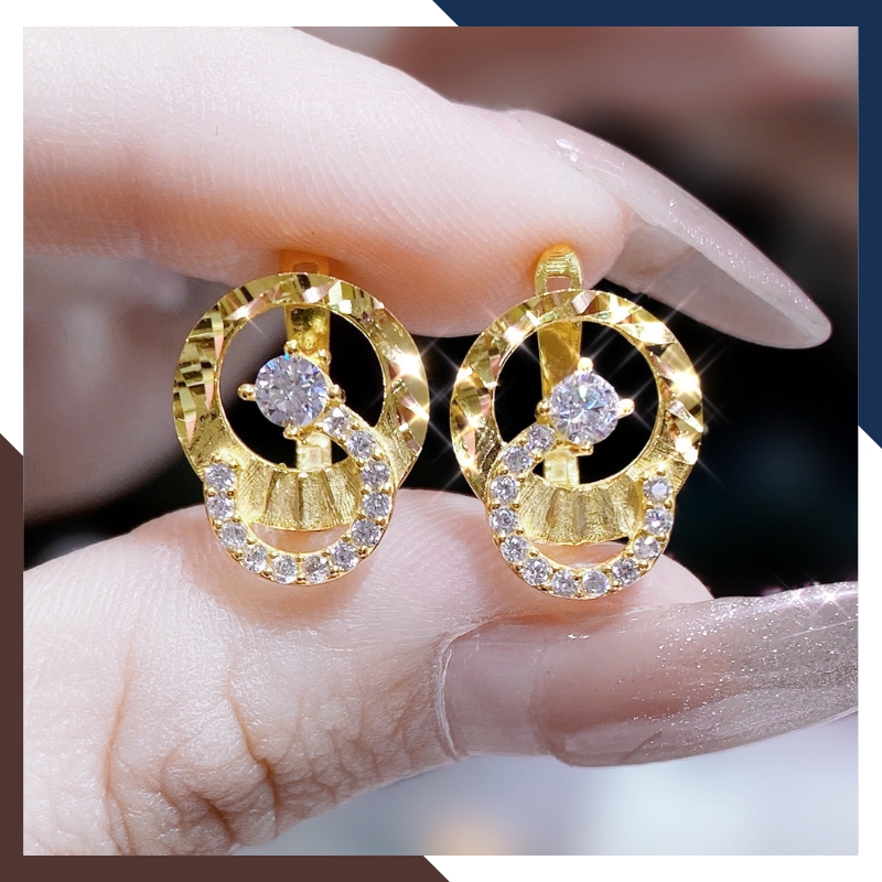 Bông tai vàng tây 10k hình vòng tròn đính đá trẻ trung mới đẹp cho nữ, mẫu chốt bấm bật mã TL63