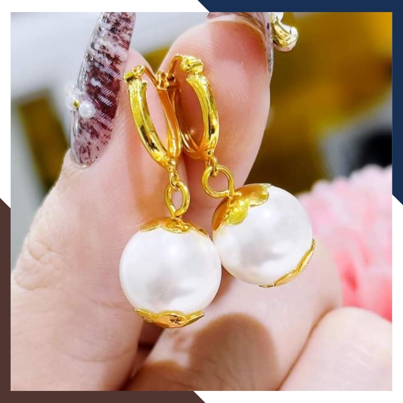 Bông tai vàng tây đính ngọc trai, hoa tai tròn vàng 10k dáng tòn ten đẹp cho nữ