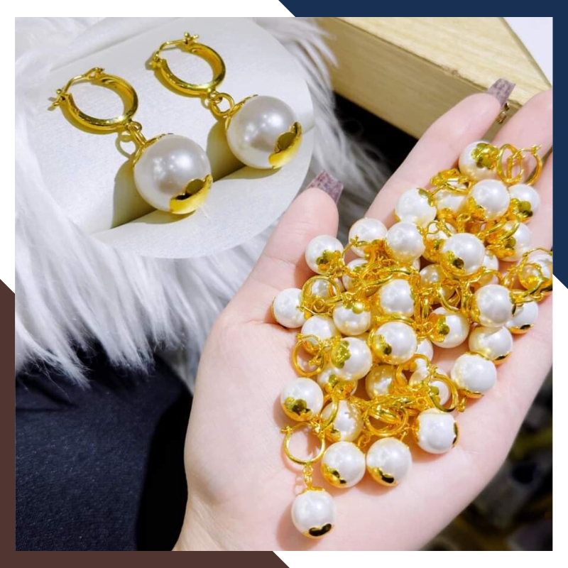 Bông tai vàng tây đính ngọc trai, hoa tai tròn vàng 10k dáng tòn ten đẹp cho nữ