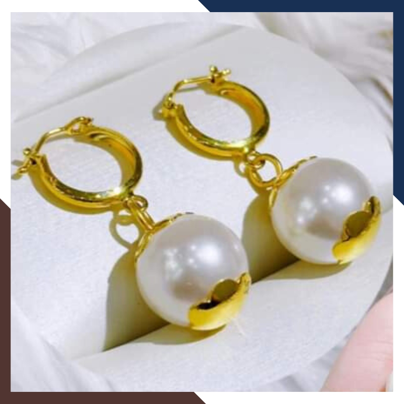 Bông tai vàng tây đính ngọc trai, hoa tai tròn vàng 10k dáng tòn ten đẹp cho nữ