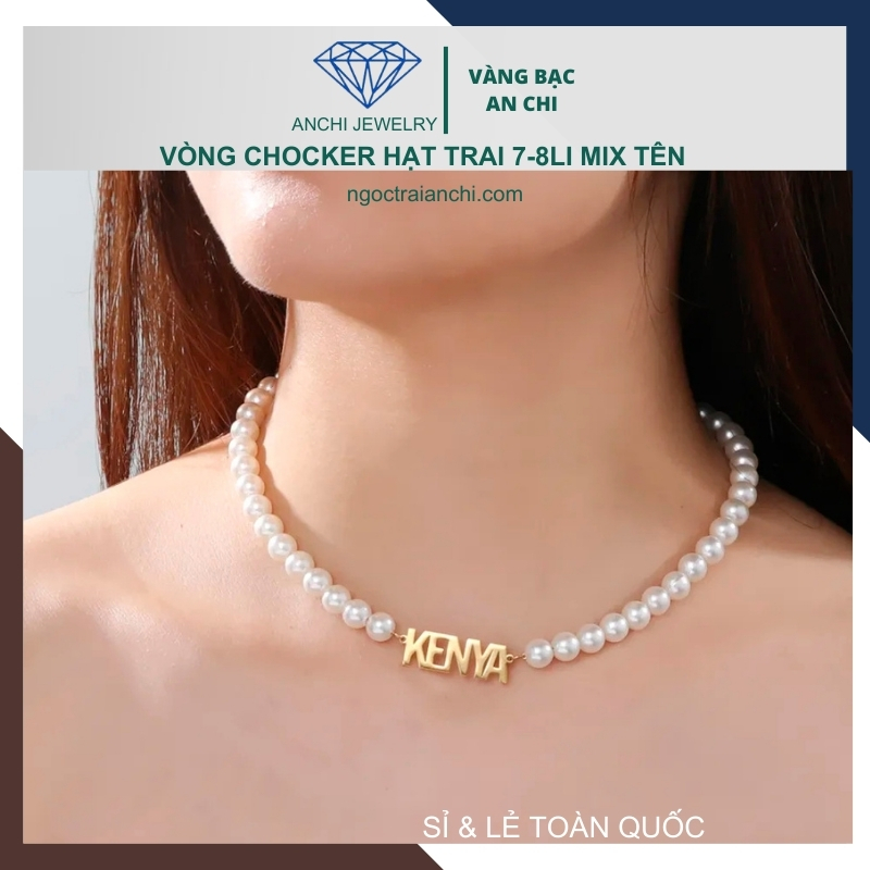Choker ngọc trai có mặt bạc khắc tên theo yêu cầu cho nữ mã B250T233