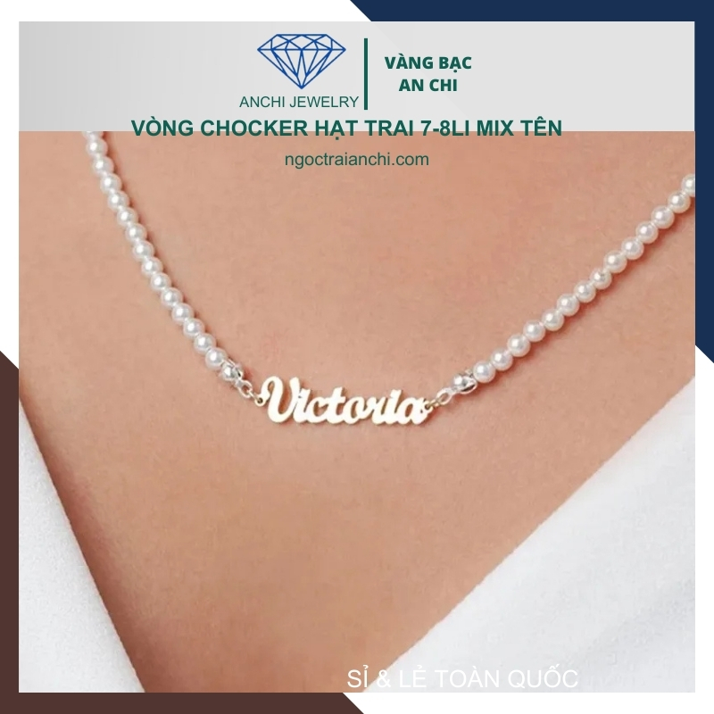 Choker ngọc trai có mặt bạc khắc tên theo yêu cầu cho nữ mã B250T233