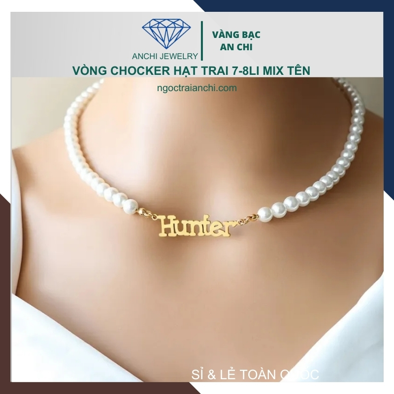 Choker ngọc trai có mặt bạc khắc tên theo yêu cầu cho nữ mã B250T233