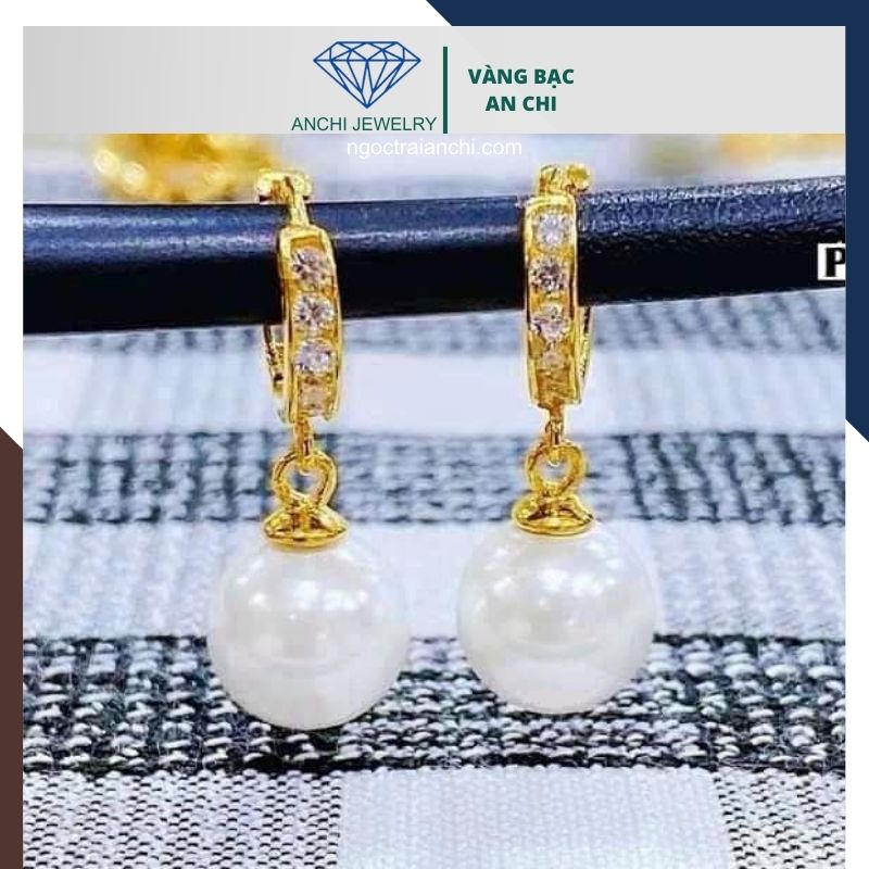 Bông tai ngọc trai vàng tây 10k kiểu khoen tròn tòng teng đẹp cho nữ