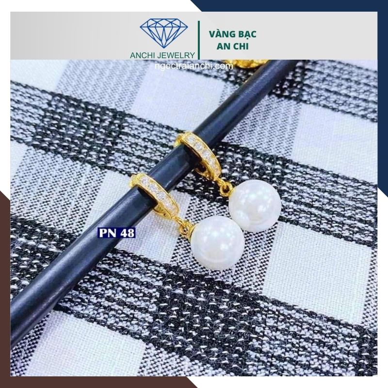 Bông tai ngọc trai vàng tây 10k kiểu khoen tròn tòng teng đẹp cho nữ