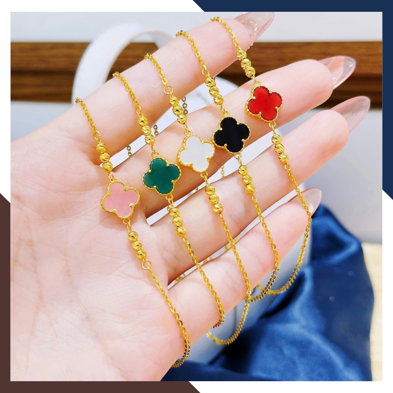 Lắc Chân Vàng 10K Cỏ 4 Lá LCVN46 – Đá Mã Não 5 Màu Hợp Mệnh Kim Mộc Thủy Hỏa Thổ