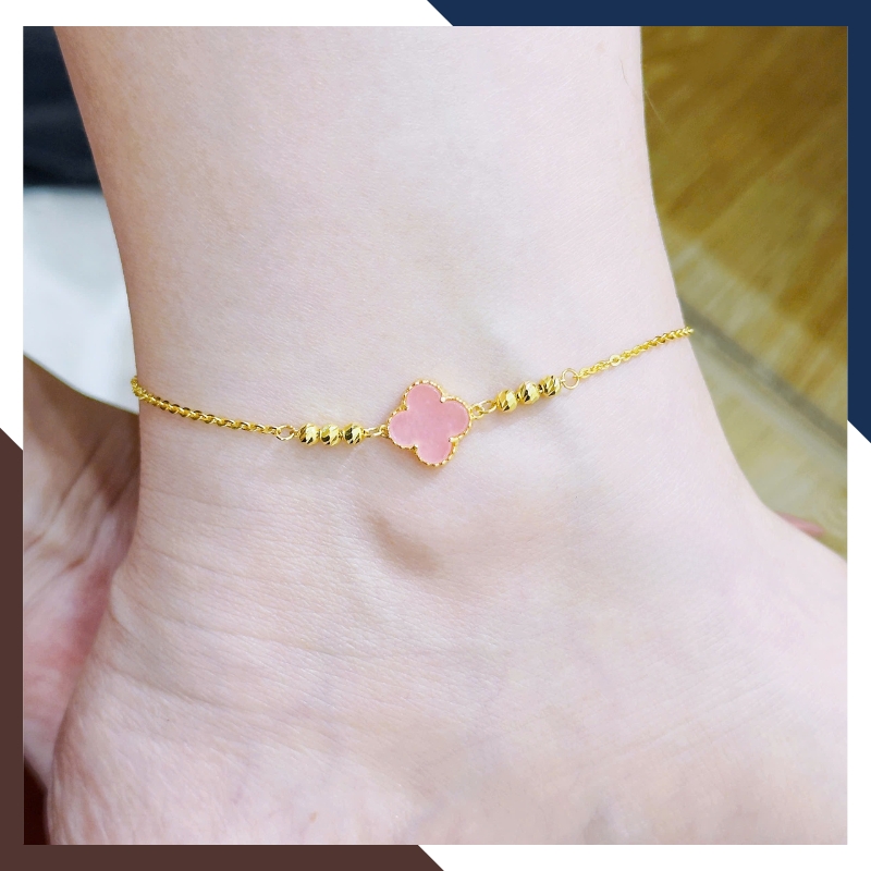 Lắc Chân Vàng 10K Cỏ 4 Lá LCVN46 – Đá Mã Não 5 Màu Hợp Mệnh Kim Mộc Thủy Hỏa Thổ