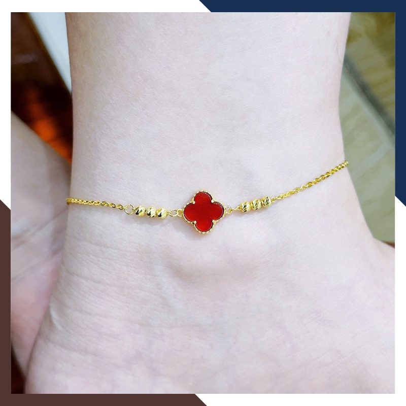 Lắc Chân Vàng 10K Cỏ 4 Lá LCVN46 – Đá Mã Não 5 Màu Hợp Mệnh Kim Mộc Thủy Hỏa Thổ