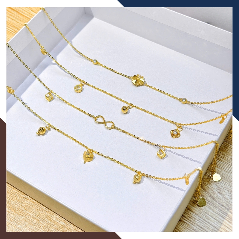 Lắc Chân Vàng Nữ 10K LCVN47 Mix Charm Vô Cực/ Hồ Ly/ Cỏ 4 Lá/ Chuông