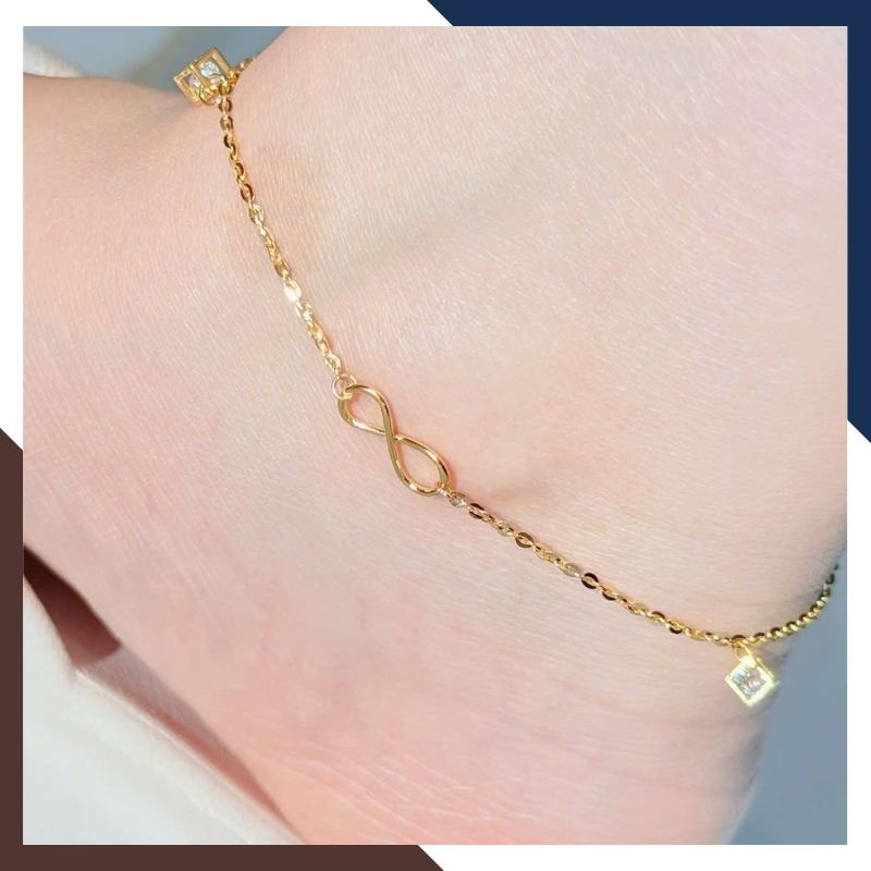 Lắc Chân Vàng Nữ 10K LCVN47 Mix Charm Vô Cực/ Hồ Ly/ Cỏ 4 Lá/ Chuông