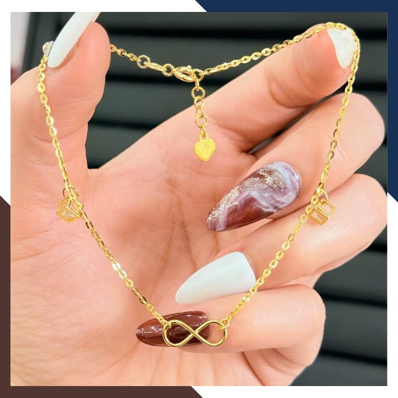 Lắc Chân Vàng Nữ 10K LCVN47 Mix Charm Vô Cực/ Hồ Ly/ Cỏ 4 Lá/ Chuông