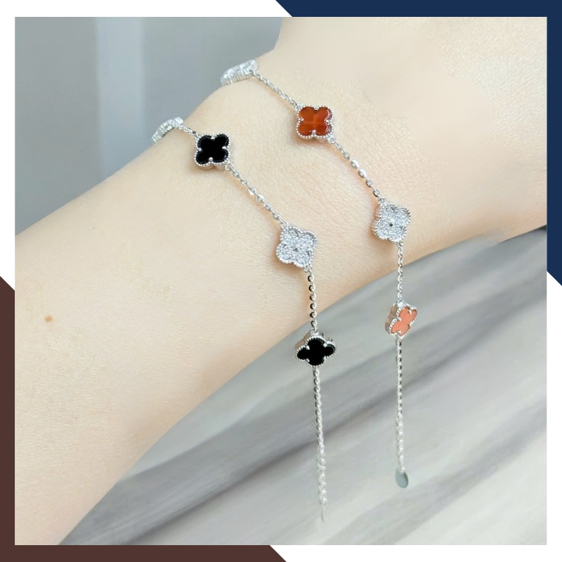 Lắc Tay Cỏ 4 Lá Vàng Trắng 10k Màu Đen, Đỏ, Trắng, Xanh Cho Nữ May Mắn Mã LTVN97