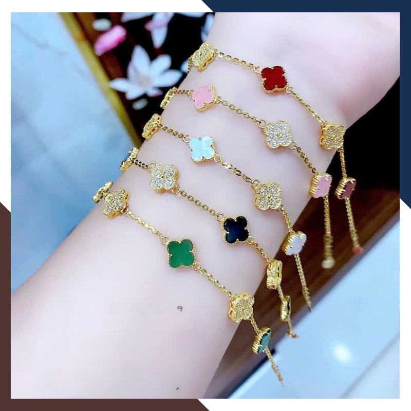 Lắc Tay Vàng Cỏ 4 Lá Đen, Đỏ, Trắng, Xanh, Hồng Cho Nữ LTVN166 | Vàng Tây 10kLắc Tay Vàng Cỏ 4 Lá Đen, Đỏ, Trắng, Xanh, Hồng Cho Nữ LTVN166 | Vàng Tây 10k