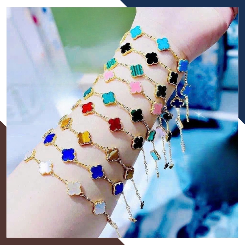 Lắc Tay Vàng Cỏ 4 Lá Đính Đá Mã Não10mm Cho Nữ LTVN180 | Vàng Tây 10k