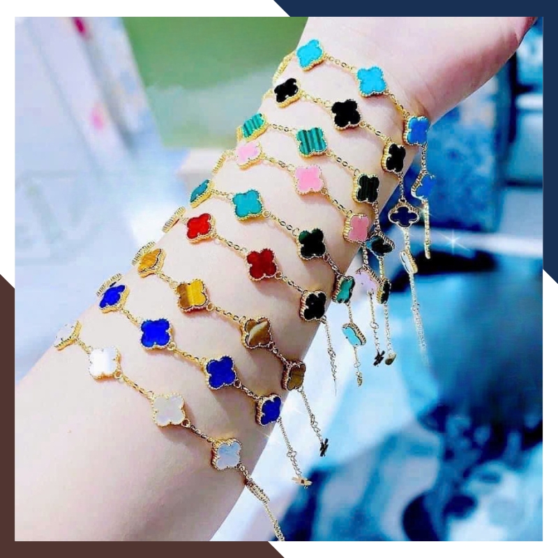 Lắc Tay Vàng Cỏ 4 Lá Đính Đá Mã Não10mm Cho Nữ LTVN180 | Vàng Tây 10k