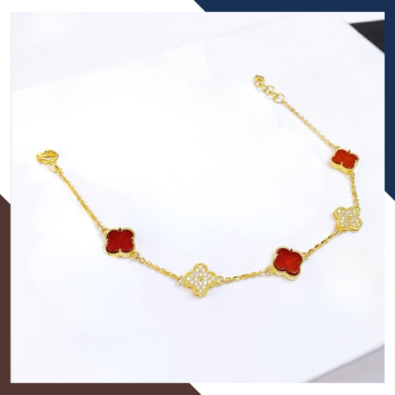 Lắc Tay Vàng Cỏ 4 Lá Đính Đá Mã Não10mm Cho Nữ LTVN180 | Vàng Tây 10k