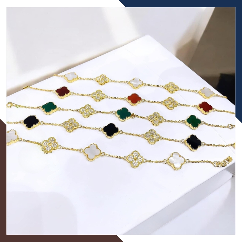 Lắc Tay Vàng Cỏ 4 Lá Đính Đá Mã Não10mm Cho Nữ LTVN180 | Vàng Tây 10k