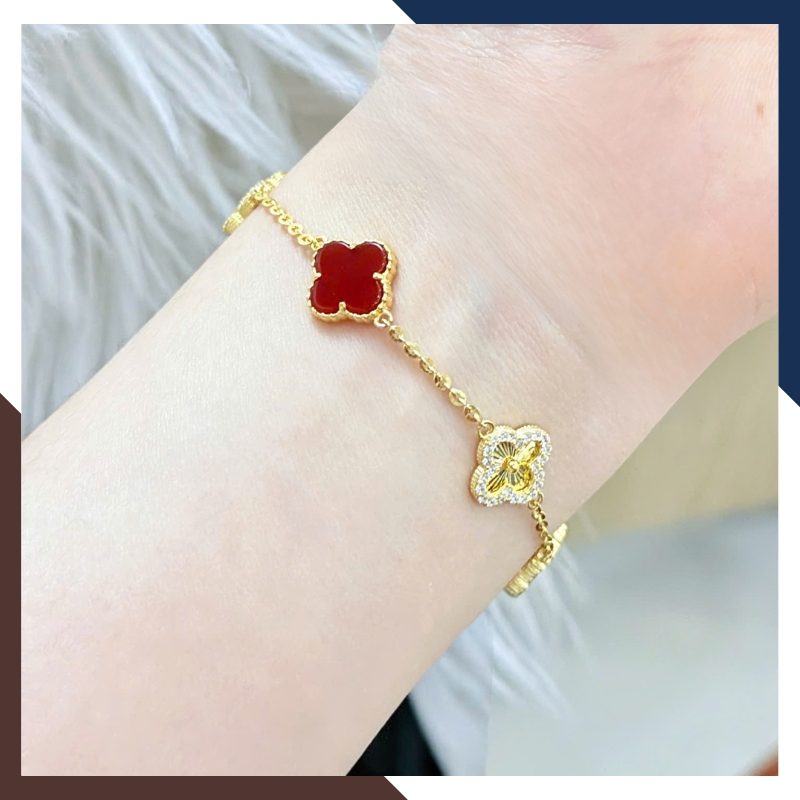 Lắc Tay Vàng Cỏ 4 Lá Đính Đá Mã Não10mm Cho Nữ LTVN180 | Vàng Tây 10k