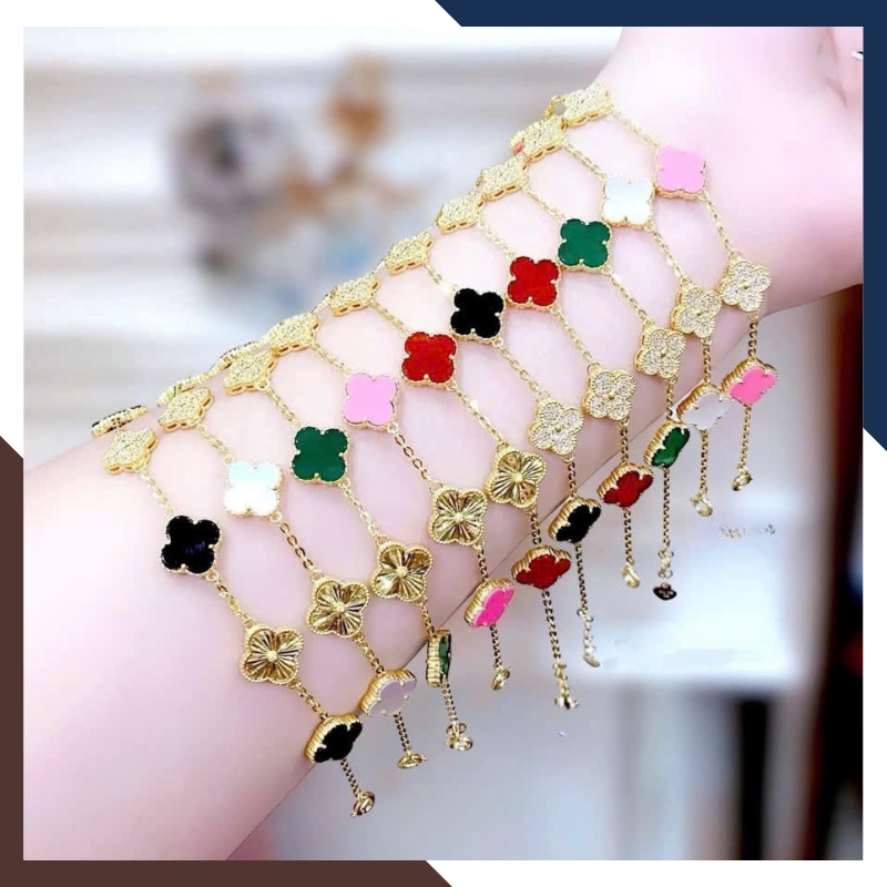 Lắc Tay Vàng Cỏ 4 Lá Đính Đá Mã Não10mm Cho Nữ LTVN180 | Vàng Tây 10k