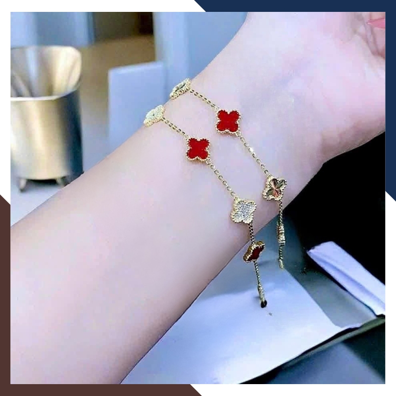 Lắc Tay Vàng Cỏ 4 Lá Đỏ Cho Nữ Mệnh Hoả, Thổ LTVN139 | Vàng Ý 10k