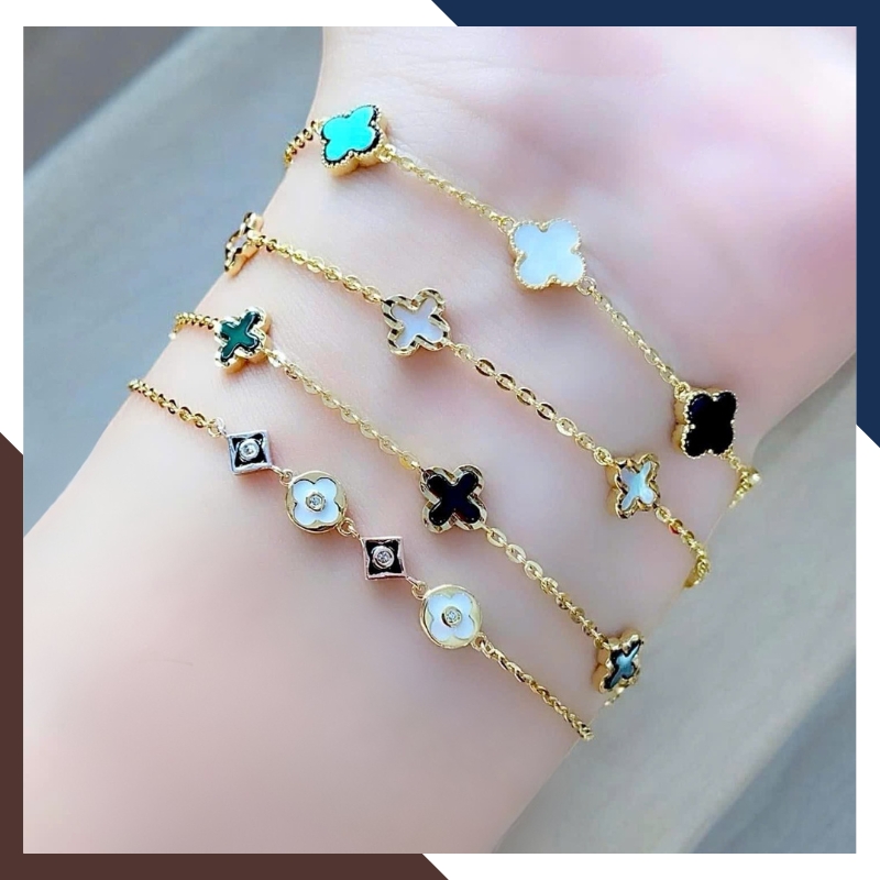 Lắc Tay Vàng Cỏ 4 Lá Trắng Cho Nữ Mệnh Kim, Thuỷ LTVN145 | Vàng Ý 10k