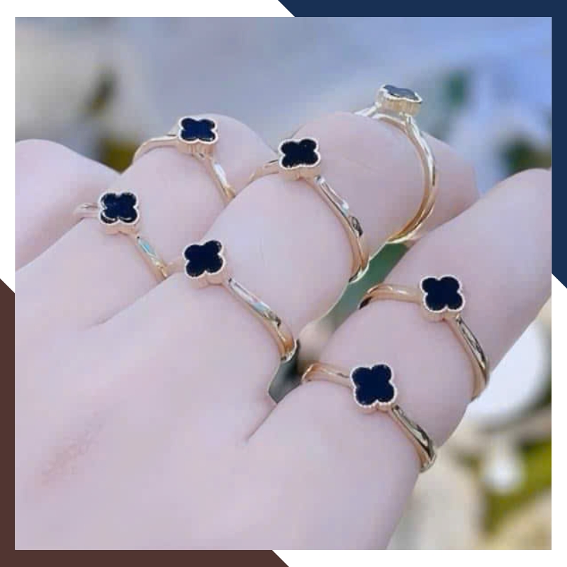 Nhẫn Vàng Cỏ 4 Lá Đen, Đỏ, Trắng, Xanh Theo Mệnh Hút Tài Lộc NVN232 | Vàng Tây 10k