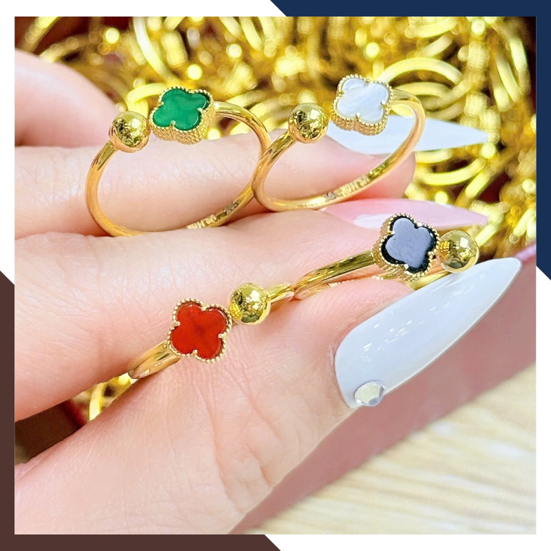 Nhẫn Vàng Cỏ 4 Lá Đen, Đỏ, Trắng, Xanh Theo Mệnh Hút Tài Lộc NVN232 | Vàng Tây 10k