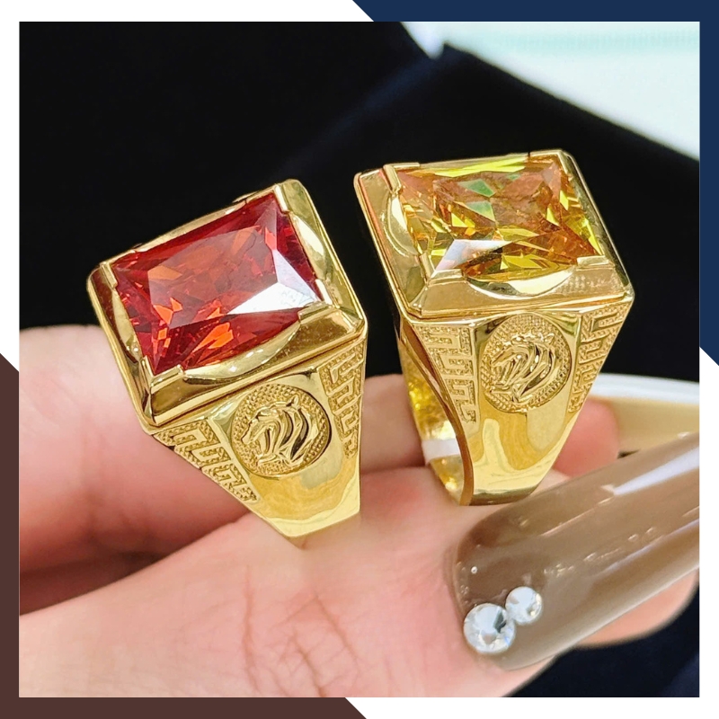 Nhẫn Vàng Tây Nam 10k Đính Đá Phong Thuỷ Màu Đỏ, Đen, vàng NVNA76