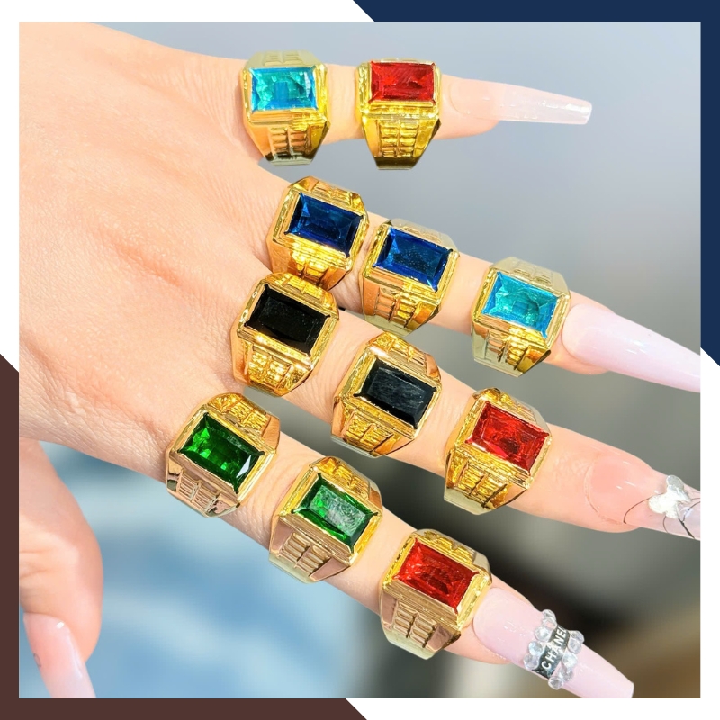 Nhẫn Vàng Tây Nam 10k Đính Đá Phong Thuỷ Màu Xanh/ Đỏ/ Đen/ Vàng NVNA85