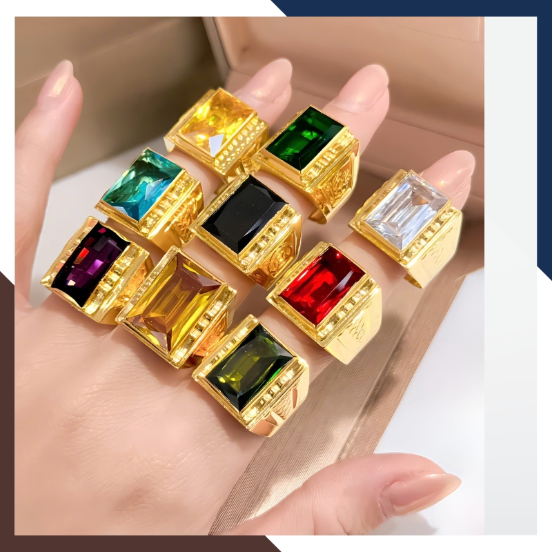 Nhẫn Vàng Tây Nam 10k Đính Đá Phong Thuỷ Màu Xanh/ Đỏ/ Đen/ Vàng NVNA85