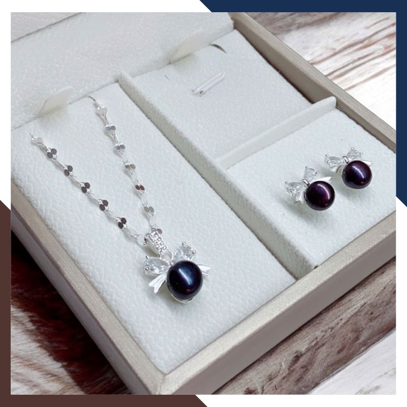 Set Ngọc Trai Bạc Hình Nơ Xi Bạch Kim BTSNT91 | Ngọc Trai Thật