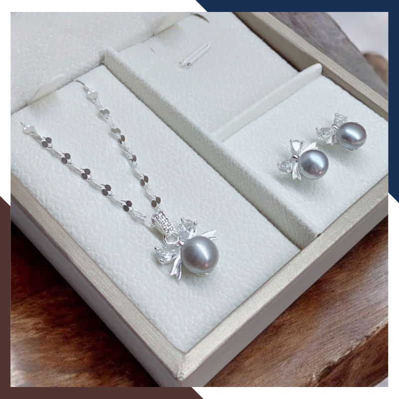 Set Ngọc Trai Bạc Hình Nơ Xi Bạch Kim BTSNT91 | Ngọc Trai Thật