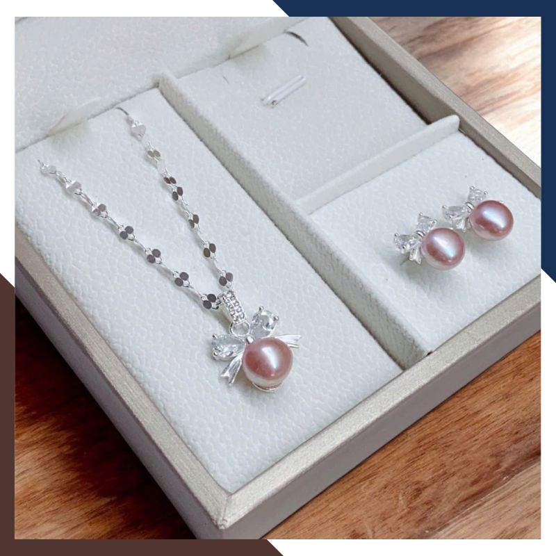 Set Ngọc Trai Bạc Hình Nơ Xi Bạch Kim BTSNT91 | Ngọc Trai Thật