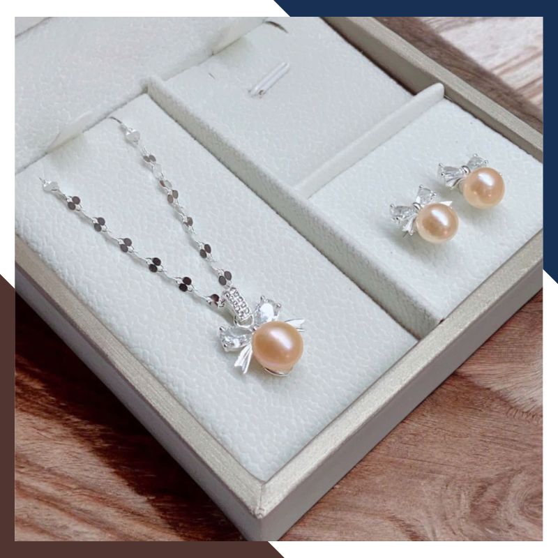 Set Ngọc Trai Bạc Hình Nơ Xi Bạch Kim BTSNT91 | Ngọc Trai Thật