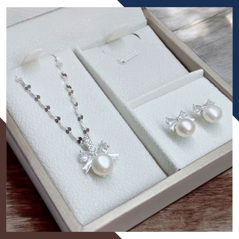 Set Ngọc Trai Bạc Hình Nơ Xi Bạch Kim BTSNT91 | Ngọc Trai Thật