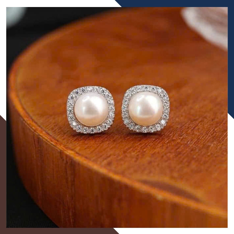 Set ngọc trai bạc mặt vuông đính đá BTSNT166 sang trọng